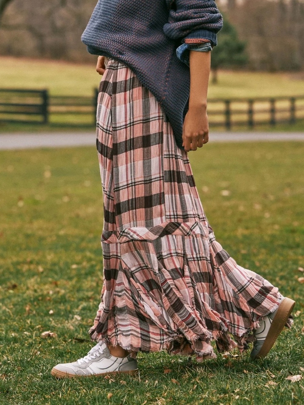 Free People Pink Plaid Tiered Maxi Skirt